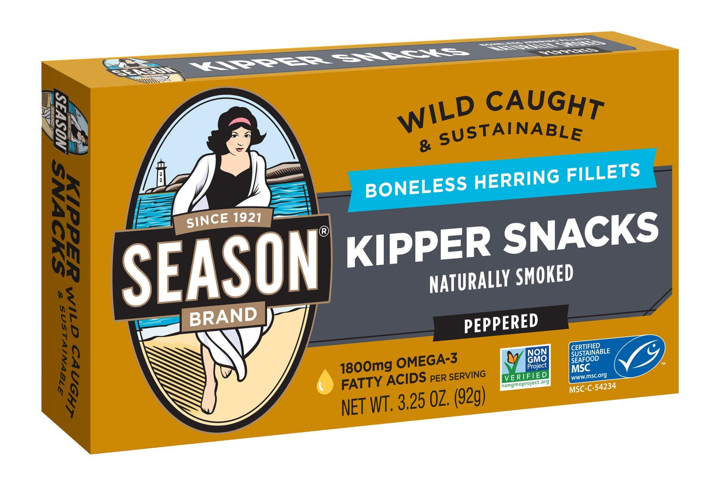Season Peppered Kipper Snacks - Boneless Herring Fillets Naturally Rich Flavor Fish Wild Caught Keto Snacks Certified Sustainable Seafood Non-Gmo 18G Of Protein 1800Mg Of Omega-3-3.25 Oz 12-Pack