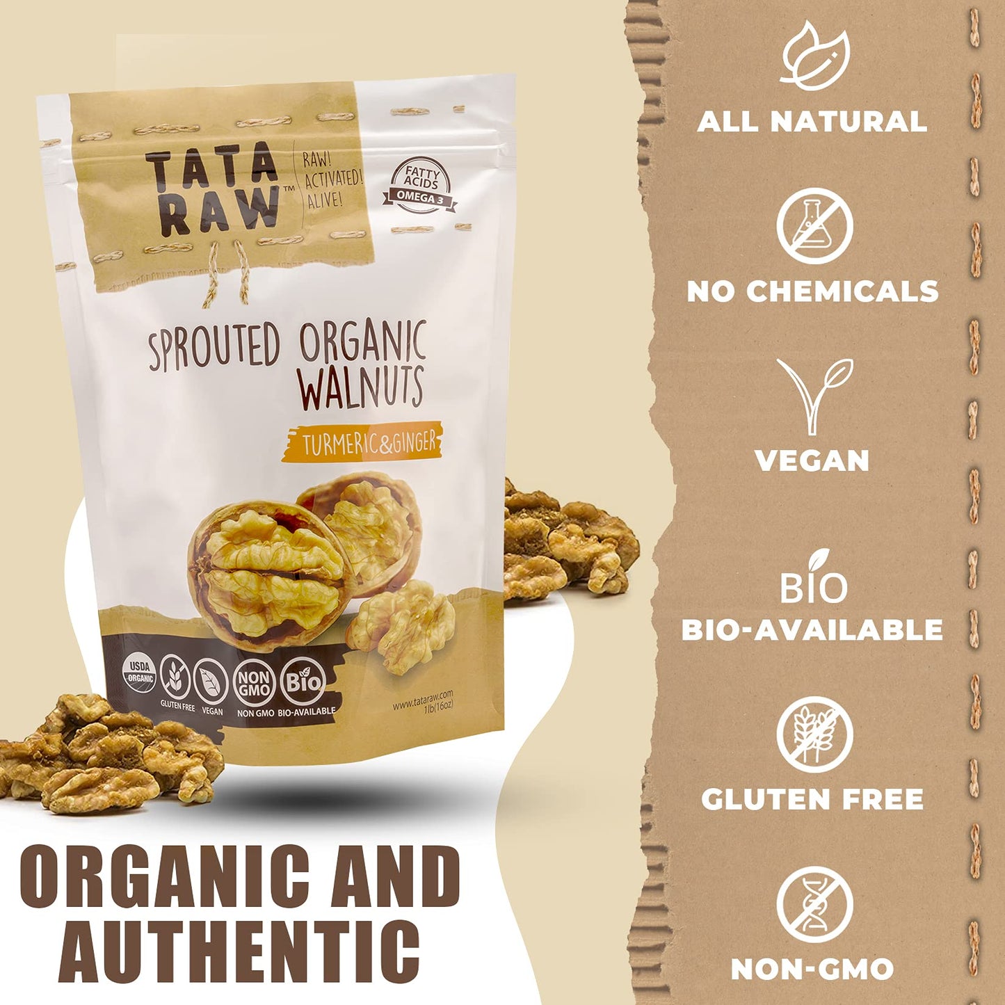 Tata Raw - Organic Sprouted Maple Walnuts - Turmeric, Ginger - 1 Lb
