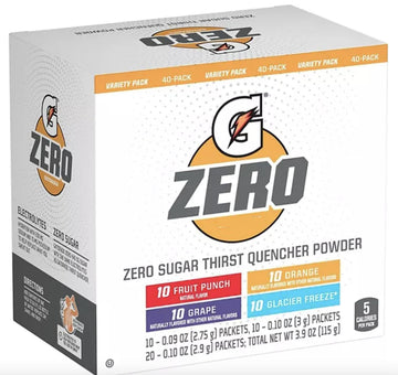 Gatorade G Zero Sugar Thirst Quencher Powder, (Pack Of 40) 10 Flavors Of Each (Fruit Punch, Orange, Grape & Glacier Freeze)