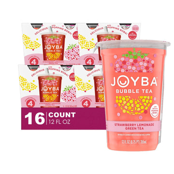 Joyba 16 Pack Strawberry Lemonade Bubble Green Tea Cups 12 fl oz with Delicious Natural Fruit Flavored Popping Boba + 1 Freebie