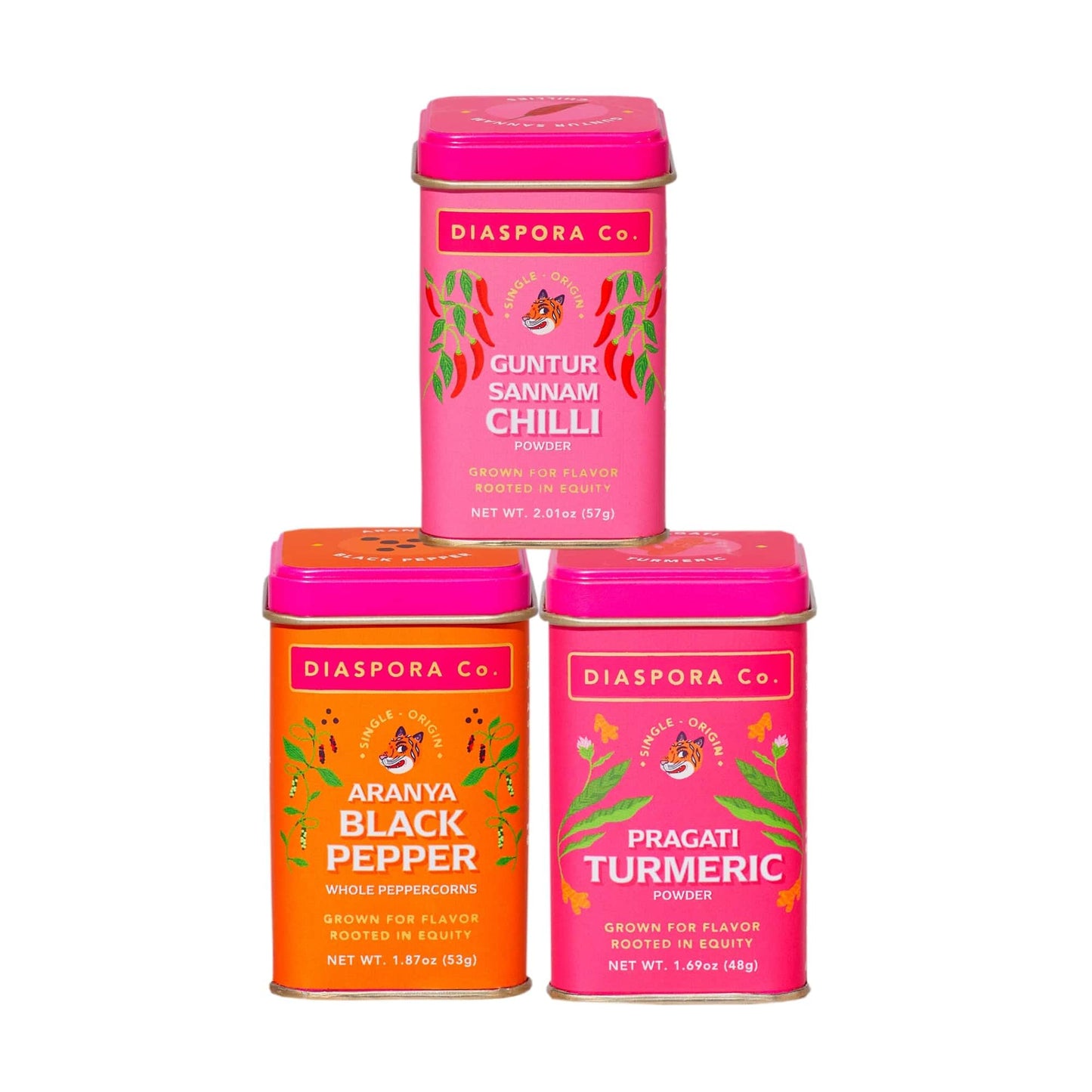 Diaspora Spice Co. Spice Trio Gift Set - Pragati Turmeric Aranya Black Pepper & Guntur Sannam Chili - Top-Grade Single-Oriflavor Blend Indian Spices For Cooking & Gifting