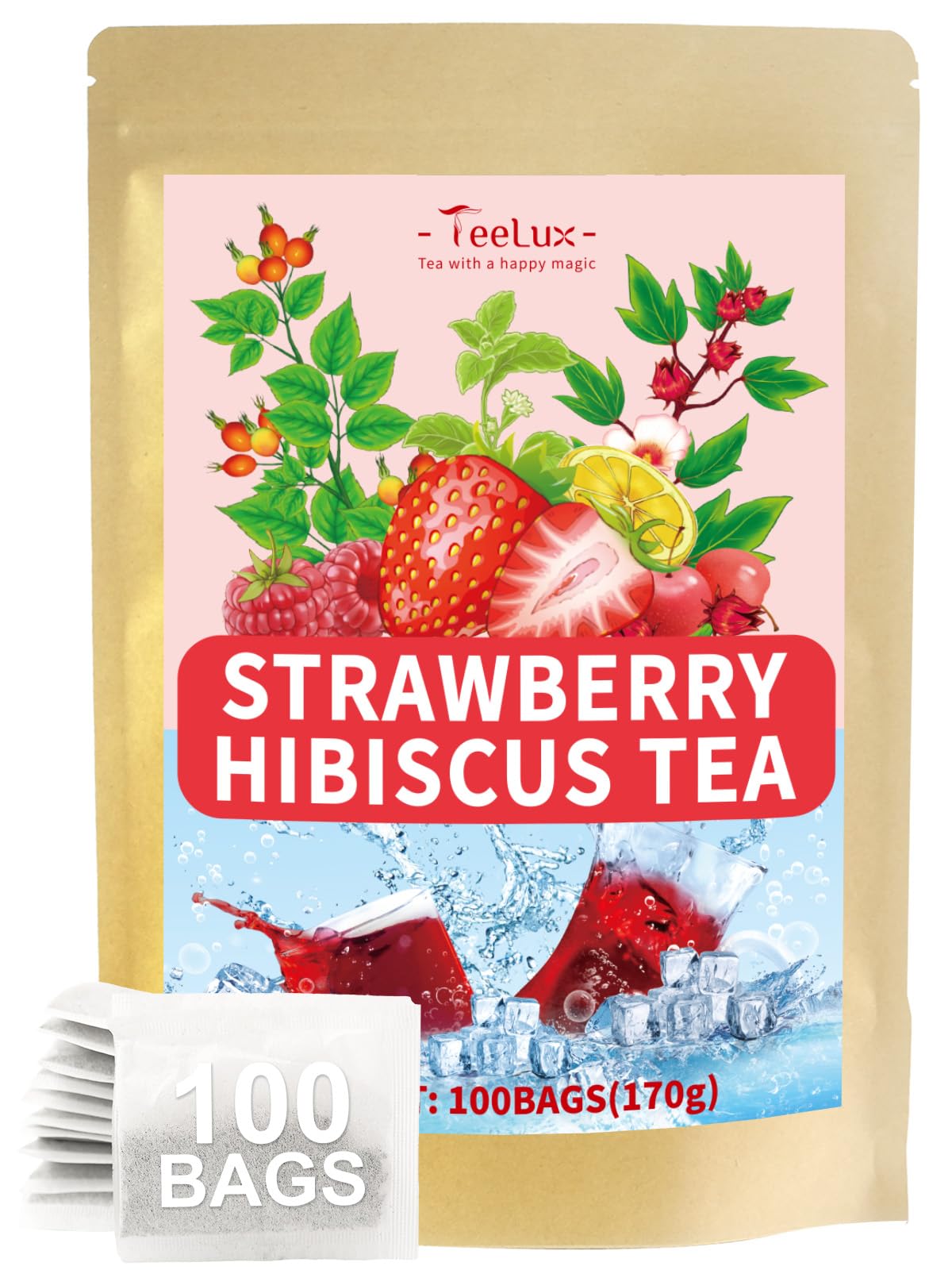 Teelux Strawberry Hibiscus Iced Tea Natural Hibiscus Tea With Stevia And Rosehip Tangy & Sweet Flavor Energy Blend Free 100 Count