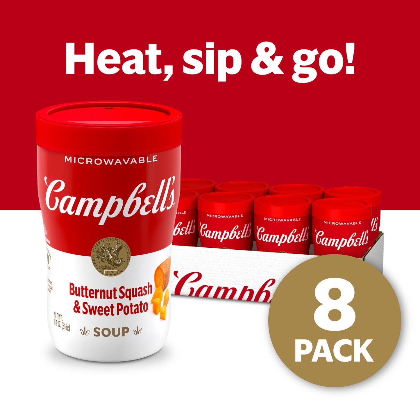 Campbells Sipping Soup, Butternut Squash & Sweet Potato Soup, 11.1 oz Microwavable Cup (Case of 8)