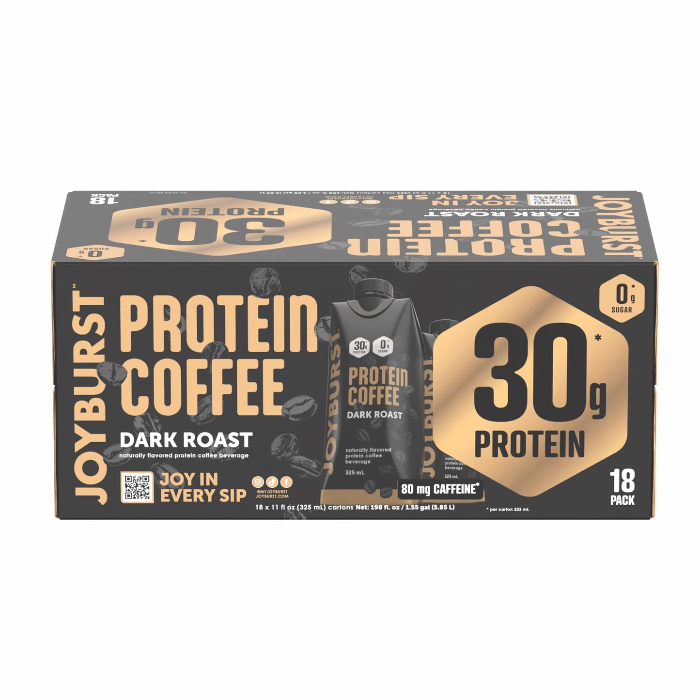 *NEW* Joyburst Protein Coffee Beverage Dark Roast (18 Tetras) - 0 Sugar 30g of Protein Ready to Drink