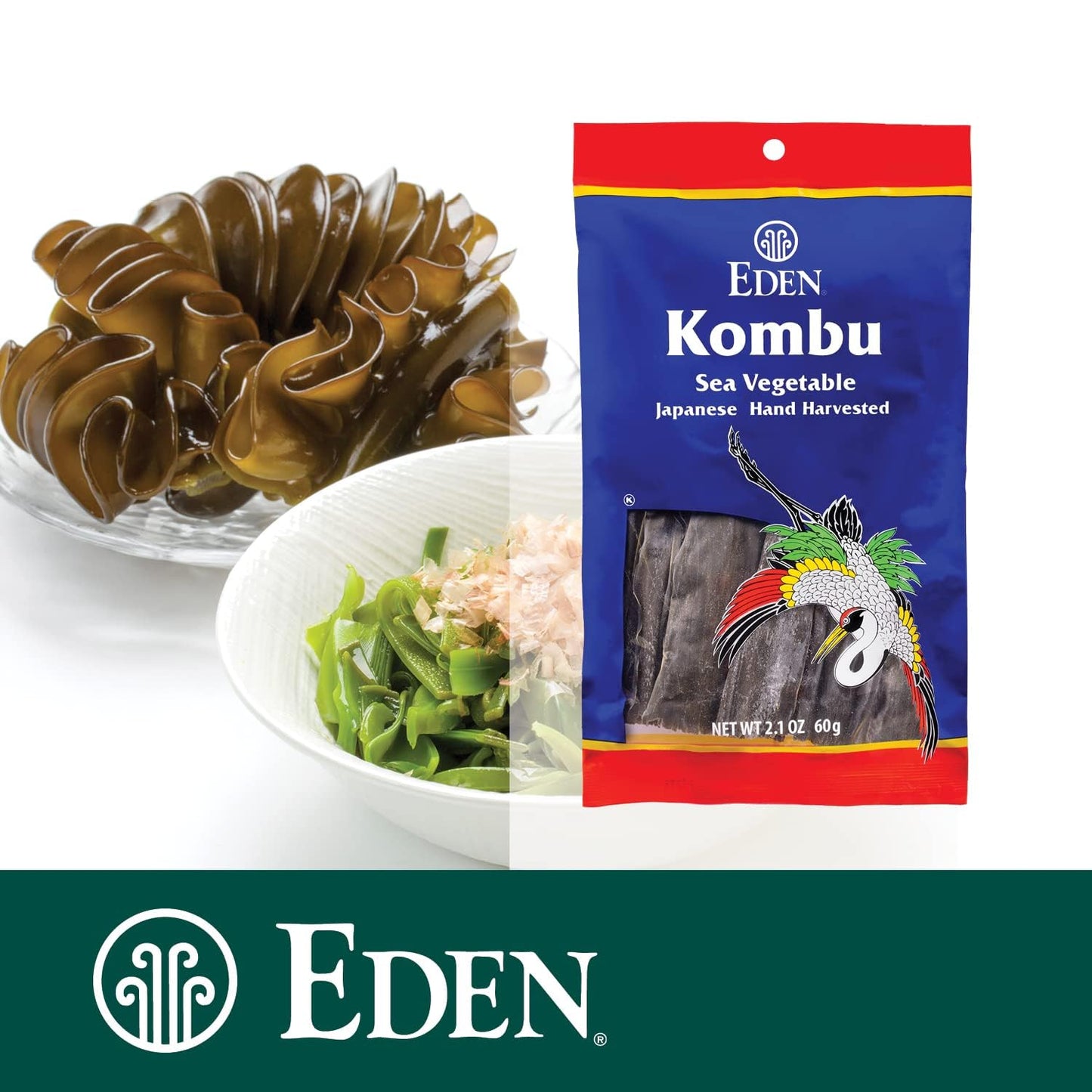 Eden Kombu, Wild Japanese Hand Harvested Sea Vegetable, Hokkaido, Dashi, Seaweed, 2.1 Oz (6-Pack)