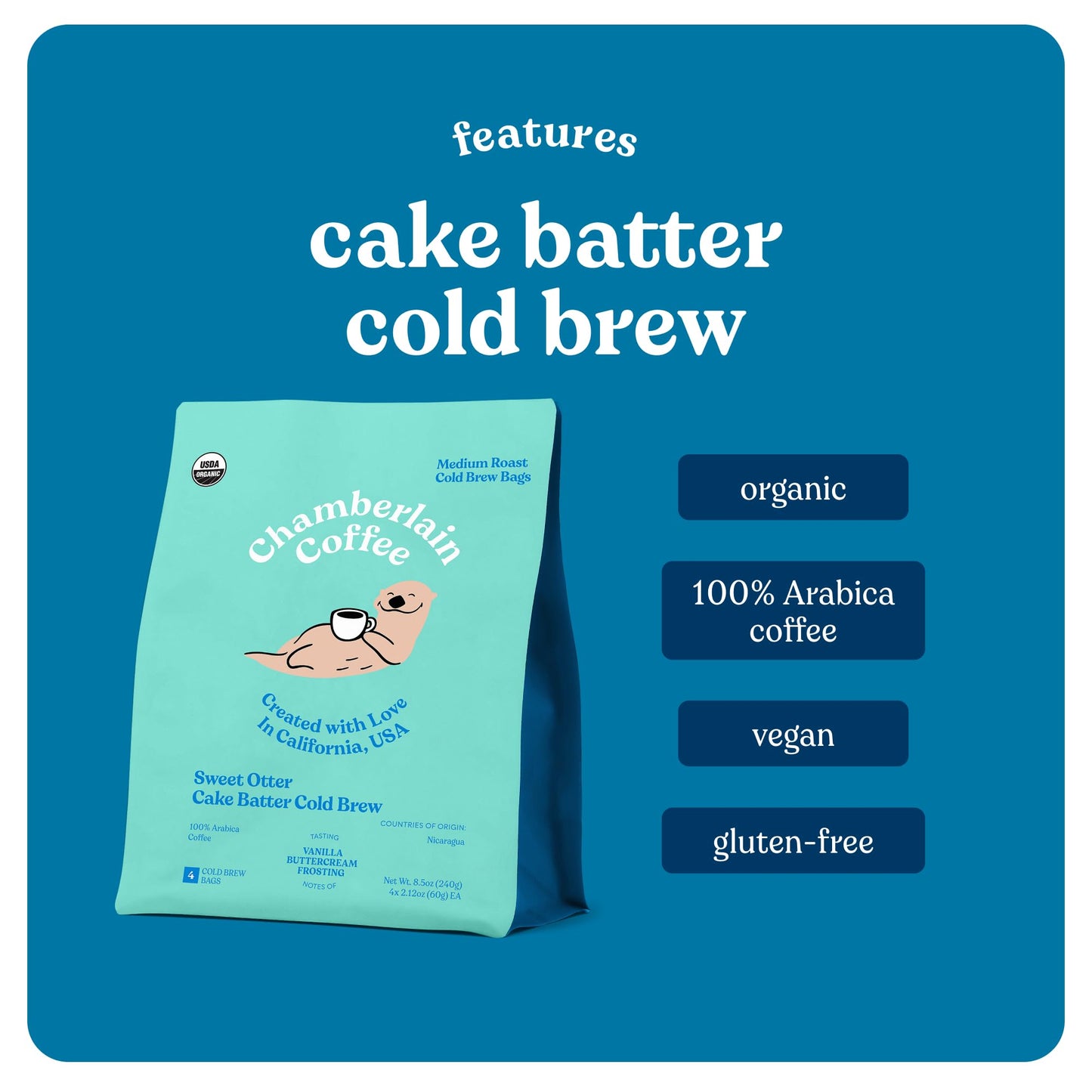 Chamberlain Coffee Sweet Otter Cake Batter Cold Brew Bags - Xl Cold Brew Bags - Premeasured, Ready To Brew, Cold Brew Coffee Packs - Contains 4 Xl Cold Brew Bags, Makes 4 Cups Of Coffee Per Bag