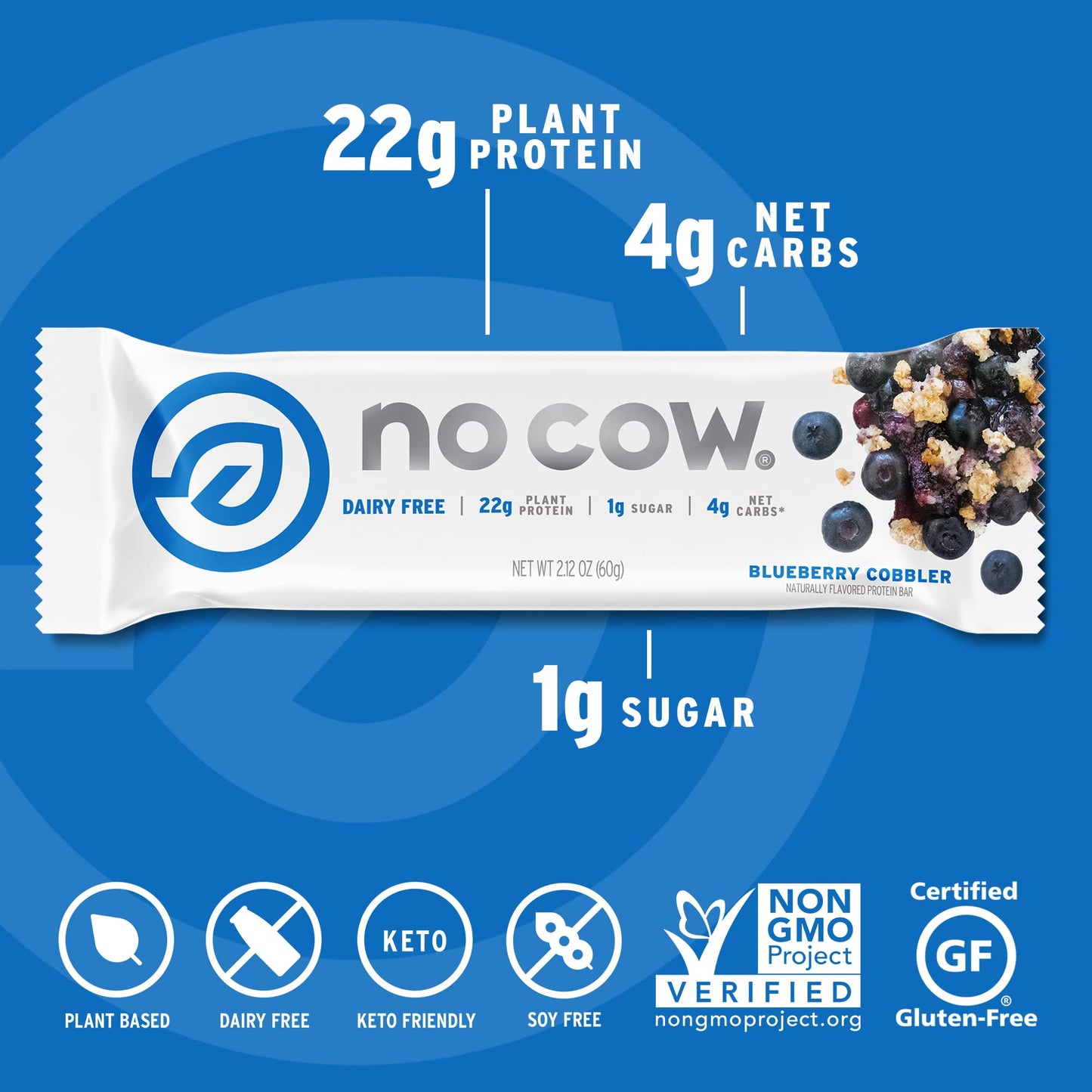 No Cow Protein bar, Blueberry Cobbler, 22g Plant Based Protein, Keto Friendly, Low Sugar, Dairy Free, Gluten Free, Vegan, High F