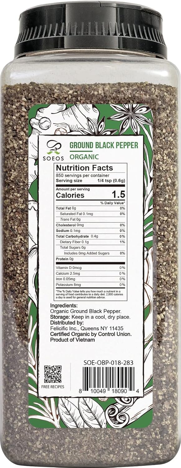 Soeos Ground Black Pepper, Non-Gmo, Freshly Peppercorn Powder Bulk, Packed To Keep Peppers Fresh, Ready To Use Peppercorns For Refill, 18 Oz (510G), Organic