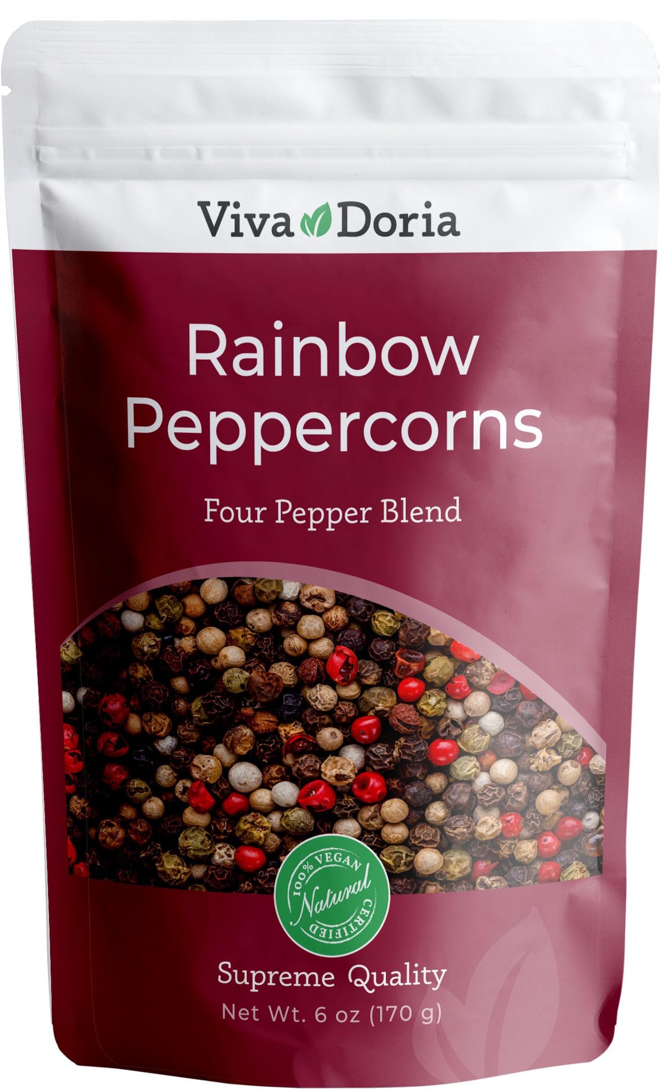 Viva Doria Rainbow Peppercorns - Four Peppercorn Blend, Whole Black, Green, Pink And White Pepper, Steam Sterilized 6 Oz, For Grinder Refill