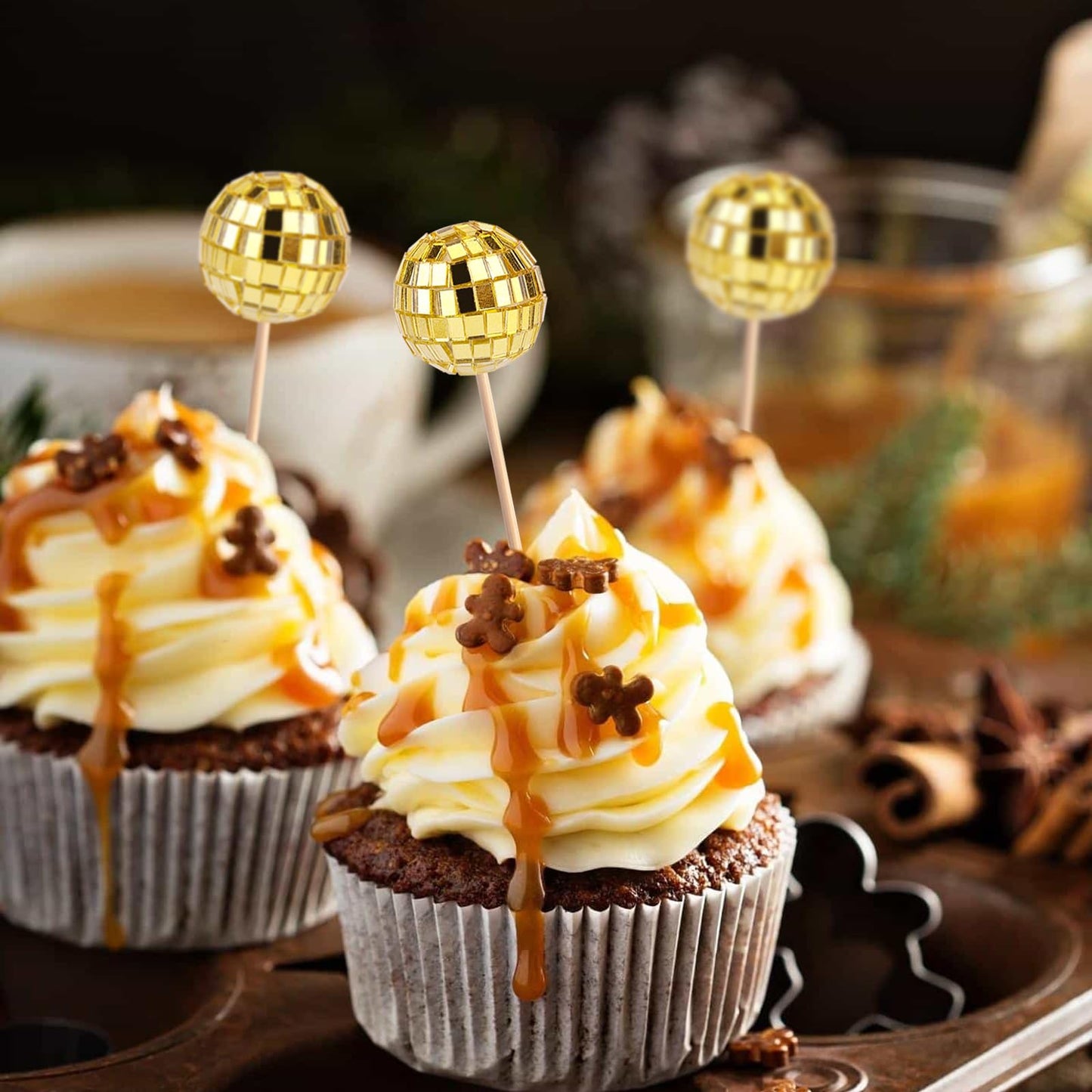 PEUTIER Disco Ball Cupcake Toppers, 30pcs Mini Picks for Cake Decorations, 2.3-4cm, Golden, Model 04098