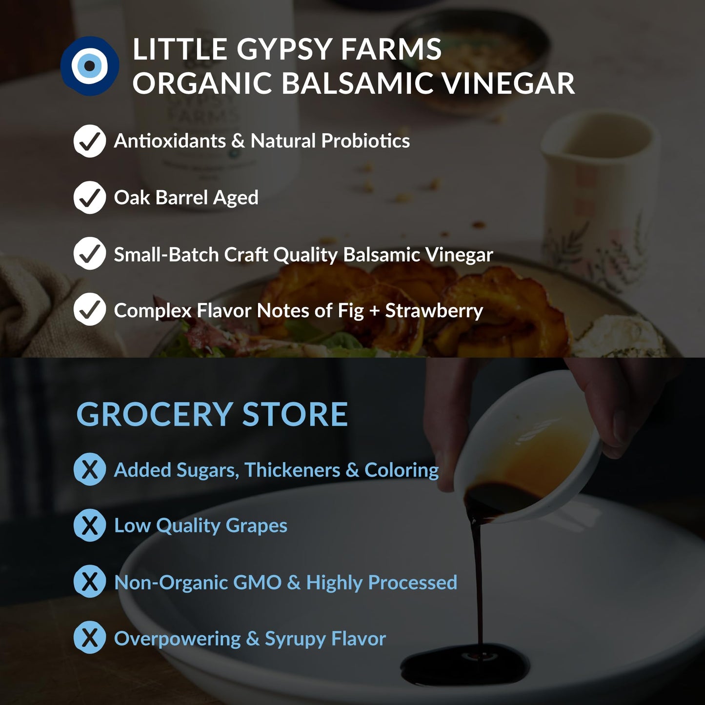 Organic Balsamic Vinegar From Little Gypsy Farms | First Cold-Pressed And Oak Barrel Aged | Notes Of Fig With Strawberry Finish