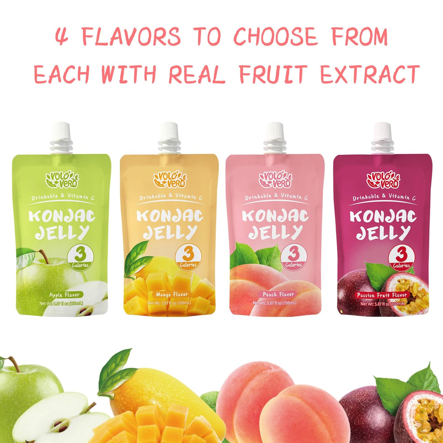 VOLO VERO Konjac Jelly Squeeze Pouch Peach Flavor, Low Calories (3 Kcal), 10 Packs, Gluten Free & Vegan, 0 Sugar, Keto, Low Carb