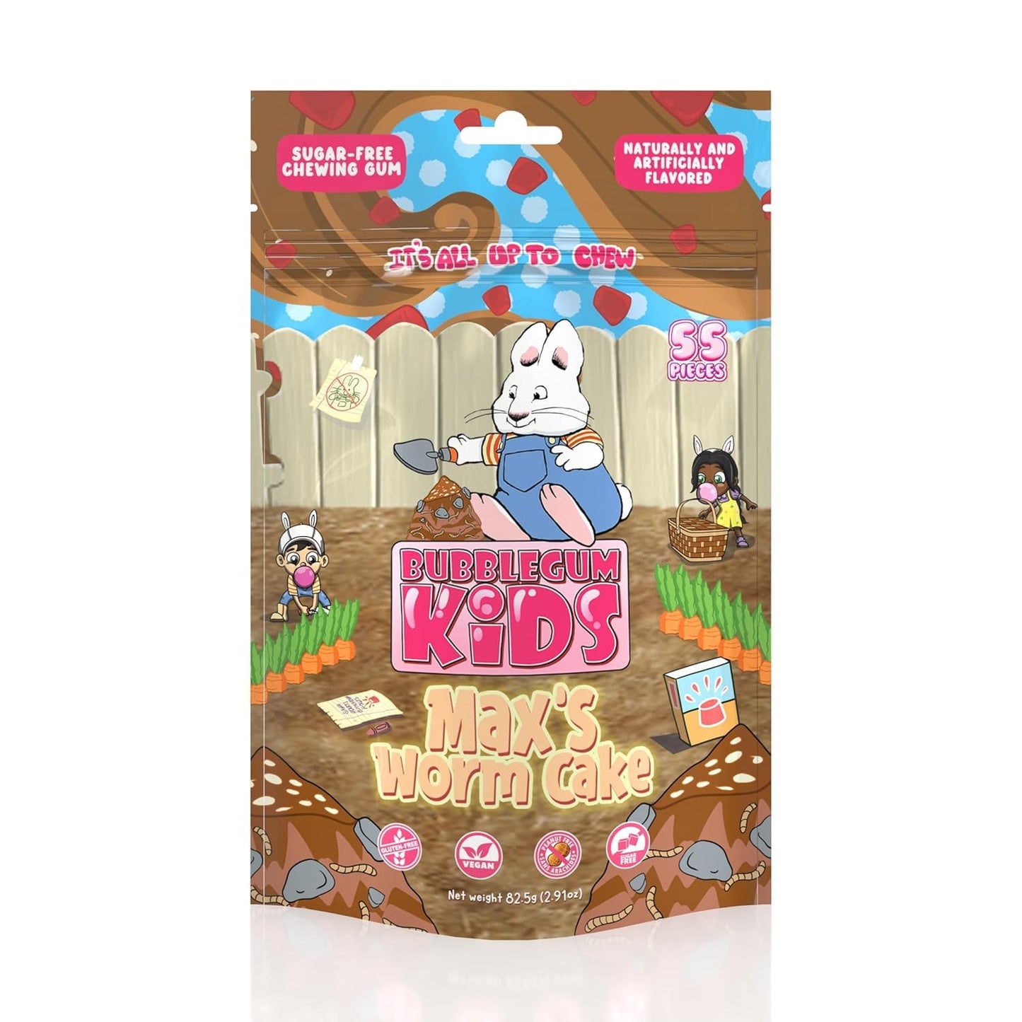 MaxS Worm Cake Sugar Free Gum By Bubblegum Kids | Stocking Stuffers Holiday Candy Party Favors | Chocolate Flavor Chewing Gum | Sugarless Vegan Peanut Free Low Calorie For Kids & 18+ Uses | 1 Pack