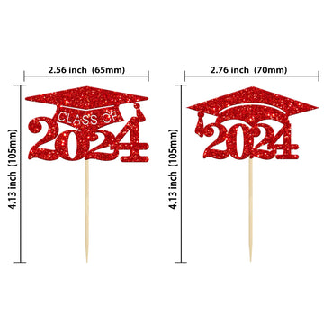 Gyufise 24 Pack 2024 Graduation Cap Cupcake Toppers Red Glitter Class Of 2024 Congrats Grad Cap Cupcake Picks For So Proud Of Yo