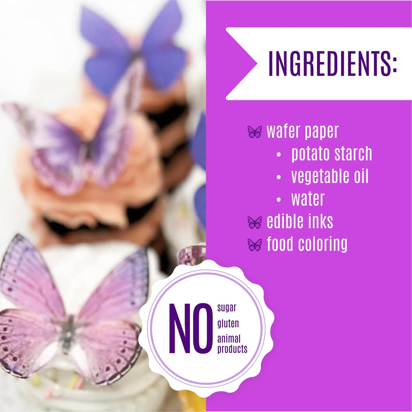 Sugar Robot Edible Butterflies - Large Cake & Cupcake Toppers, 3 inches, Purple, Made in USA