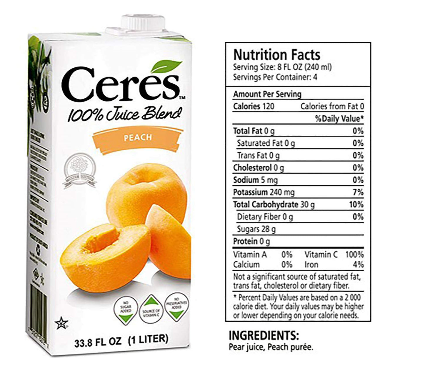 Ceres 100% All Natural Pure Fruit Juice Blend, Peach - Gluten Free, Rich In Vitamin C, No Added Sugar Or Preservatives, Choleste