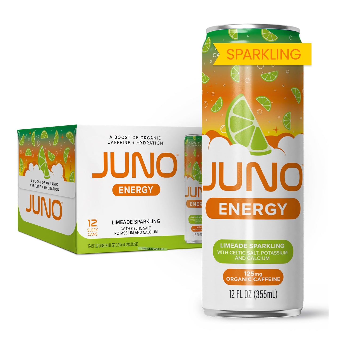 Juno Rocket Limeade Sparkling Energy Drink - Energizing And Hydrating With 125Mg Organic Energy Blend From Green Coffee Beans Organic Monk Fruit Lime Juice & Electrolytes - Vegan Gluten Free 12 Pack Refreshment