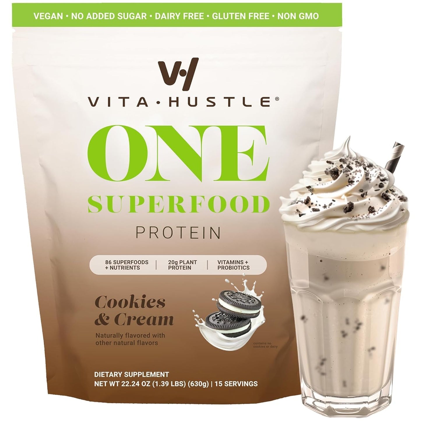 VitaHustle ONE Superfood Meal Replacement Shake, Vegan Protein Powder, 15 Servings, Cookies & Cream Flavor