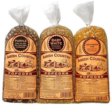 Amish Country Popcorn | 3-1 lb Bags | 1 lb Baby White, 1 lb Ladyfinger, and 1 lb Purple Popcorn Kernels Variety Pack | Old Fashi