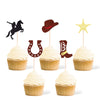 Gexolenu 30 PCS Cowboy Cupcake Toppers 5 Shapes Glitter Double-Sided HorseShoe Cowboy Hats Boots Cupcake Picks For Western Theme