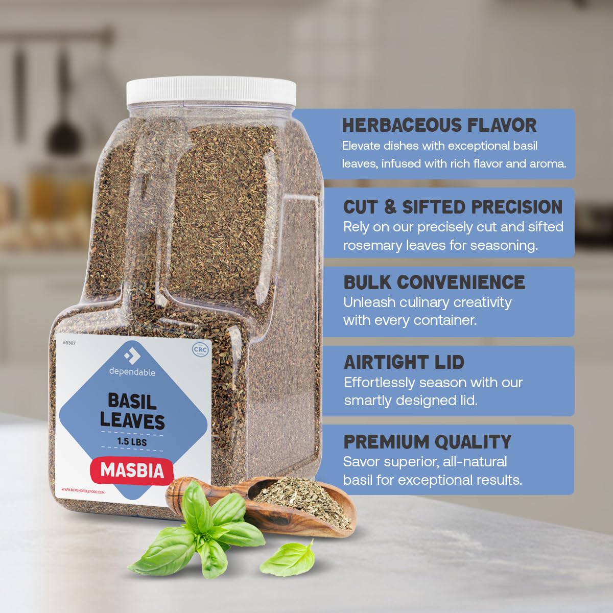 Dependable Food Basil Leaves -1.5 Lb. Jar- Bulk, Kosher, Dried Basil Seasoning for Pasta Sauces, Pesto, Salads, Garnishes & More