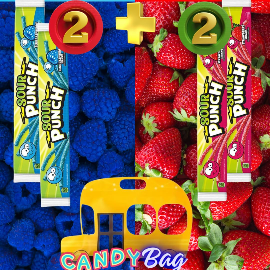 (Pack Of 4) Sour Straws Punch - 4 Extra Large Trays Of 2 Flavors - Blue Raspberry And Strawberry - Comes With One Bus Resealable