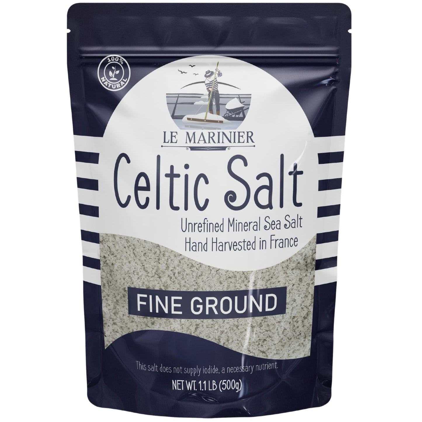 Le Marinier Celtic Salt Fine Ground, 1.1lb - 18oz. +82 Minerals Unrefined French Sea Salt 100% Natural, Hand Harvested Mineral C