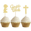 Gyufise 24Pcs Gold Glitter Boy God Bless And Baptism Cupcake Toppers Cross Babyshower Cupcake Picks Christian Party Decoration Supplies