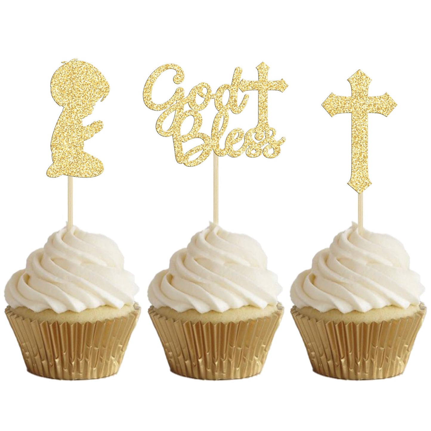 Gyufise 24Pcs Gold Glitter Boy God Bless And Baptism Cupcake Toppers Cross Babyshower Cupcake Picks Christian Party Decoration Supplies