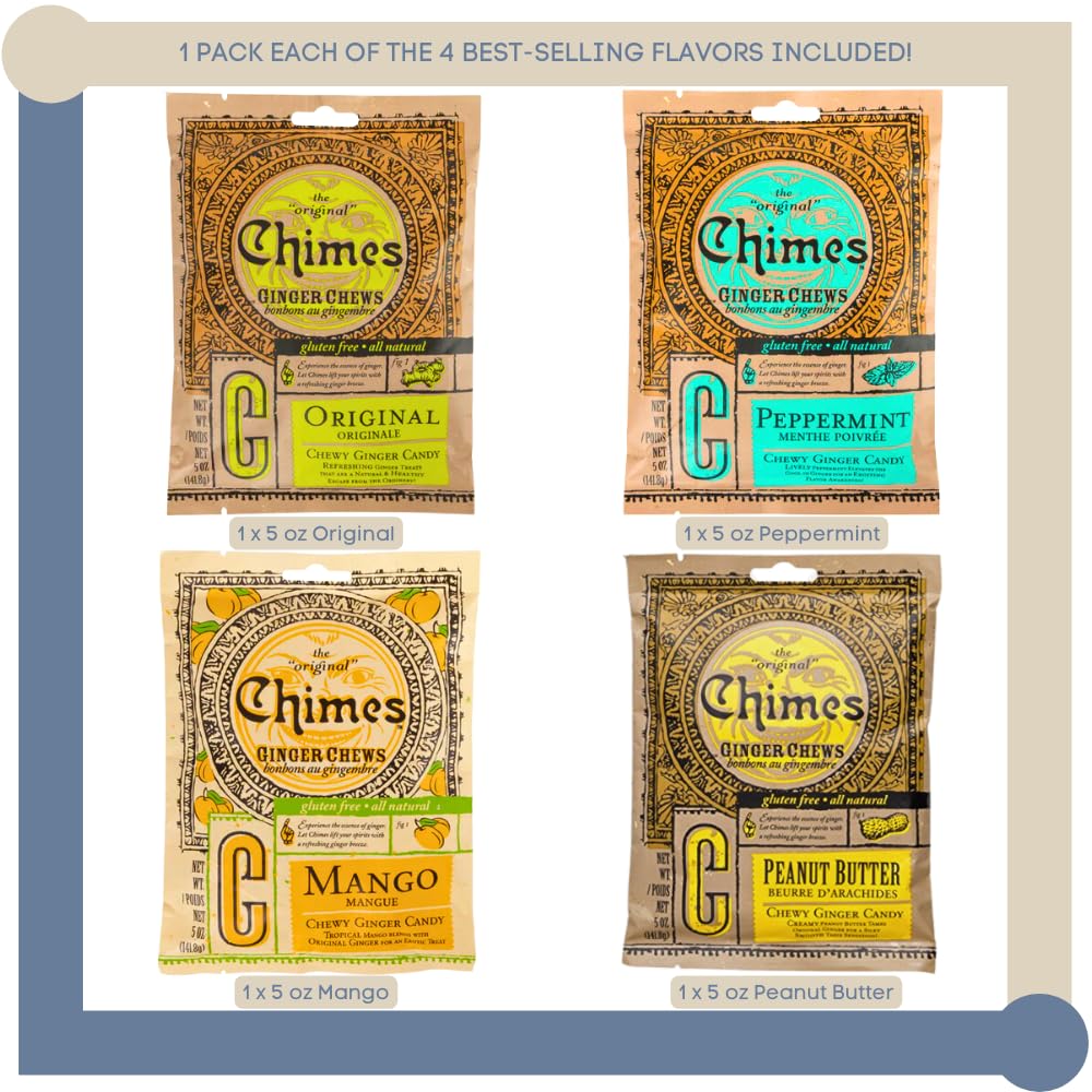 Chimes Ginger Chews Large Variety Pack Of 4, 1 Of Each (Original, Mango, Peppermint, Peanut Butter) 20 Oz Total Low Calorie Vega