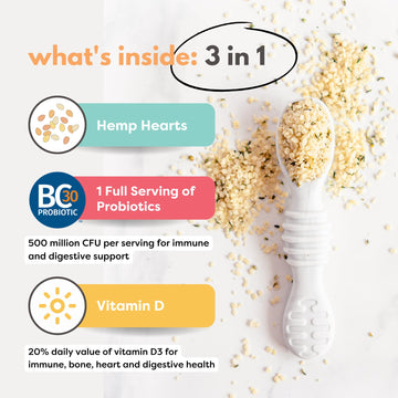 Superseed Organic Hemp Hearts with Vitamin D + PROBIOTICS, Omega-3s Prebiotic Fiber Protein, Seeds for 6M+ Babies Toddlers & Kid