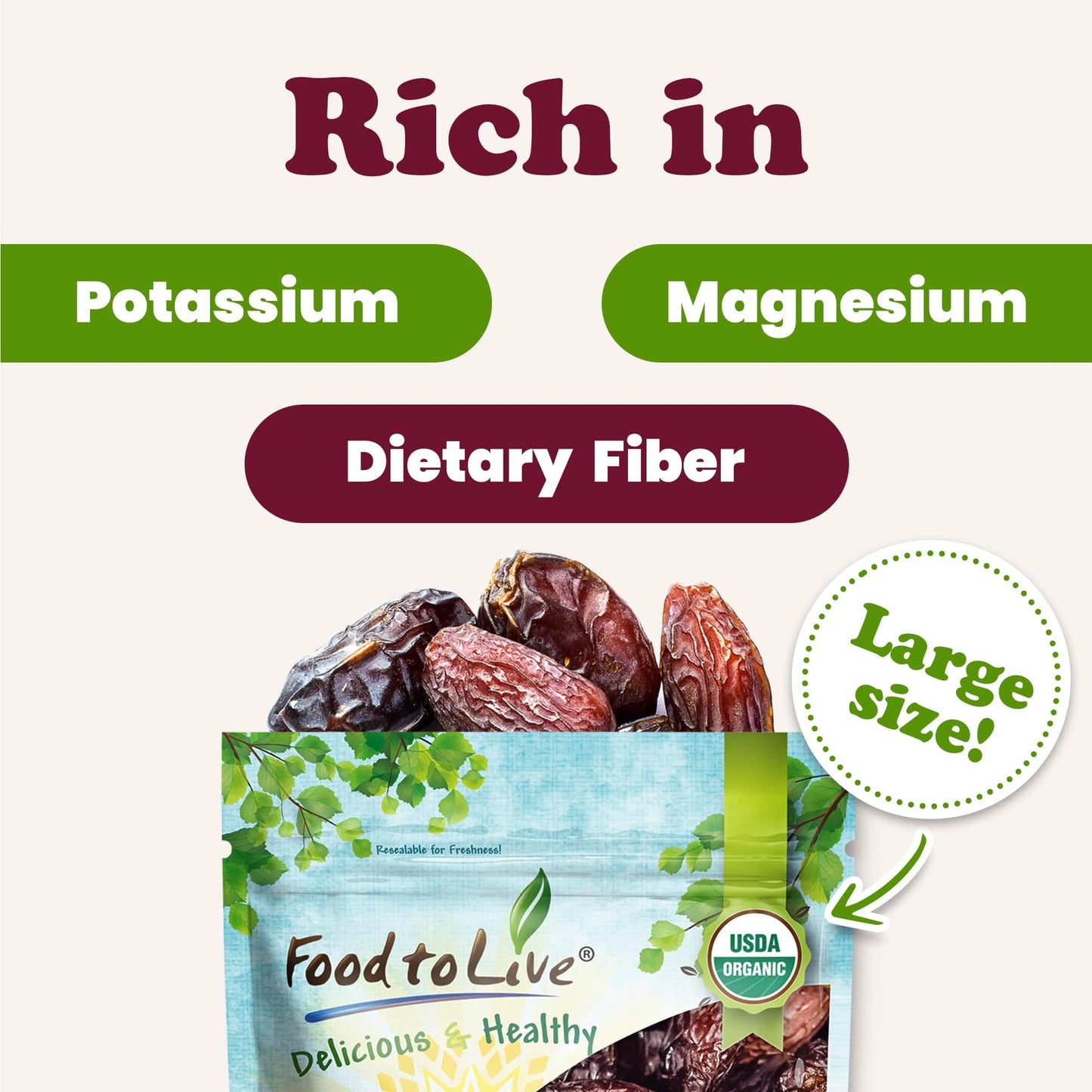 Food To Live Organic California Medjool Dates, 2 Pounds - Soft & Juicy Nature'S Candy. Non-Gmo Whole Dry Fancy Dates With Pits.