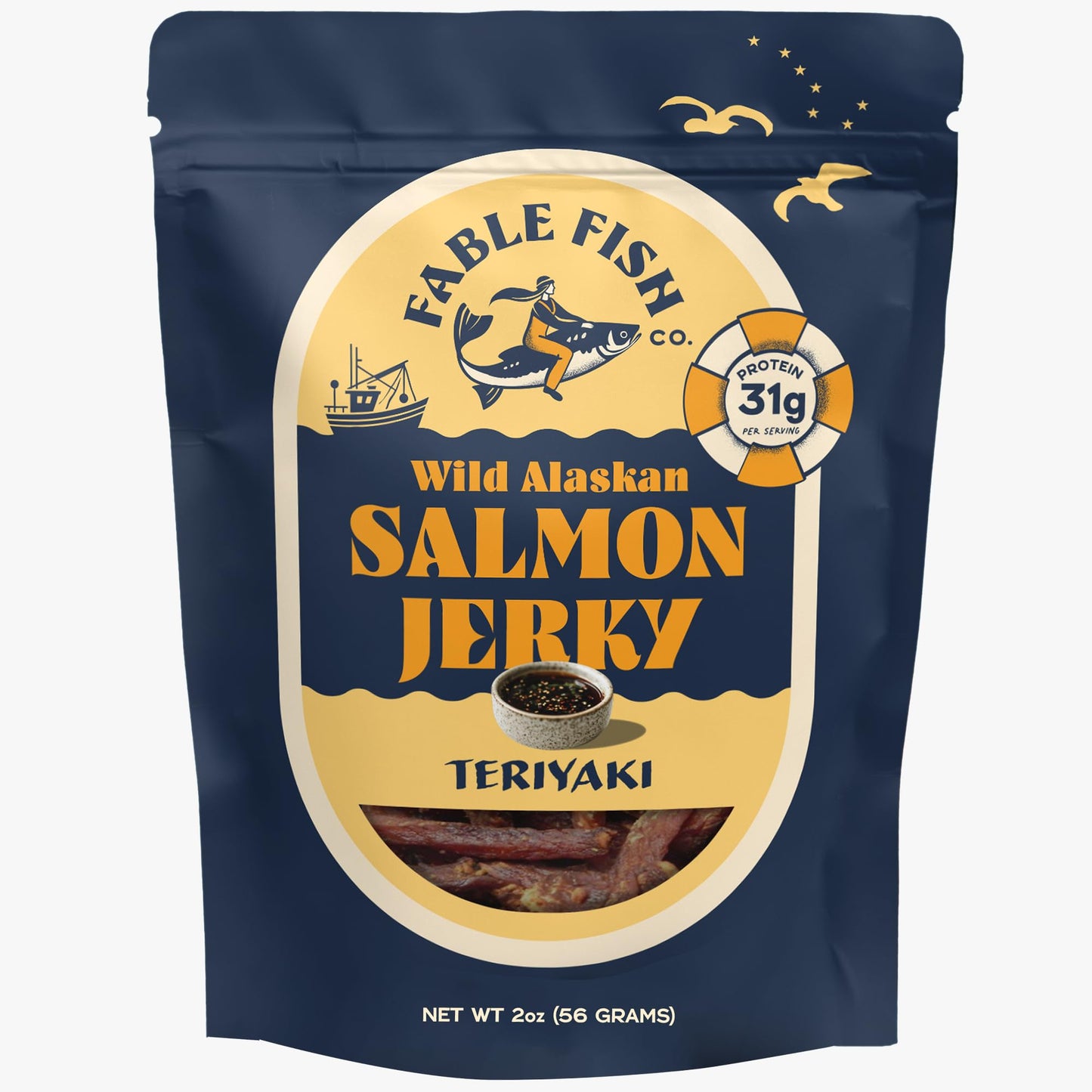 Fable Fish Wild Alaskan Salmon Jerky - Wild Caught Salmon With 31G Of Protein - Tasty Fish Jerky With Omega-3S And Natural Source Of Collagen - Made With Whole Muscle Sockeye - Teriyaki