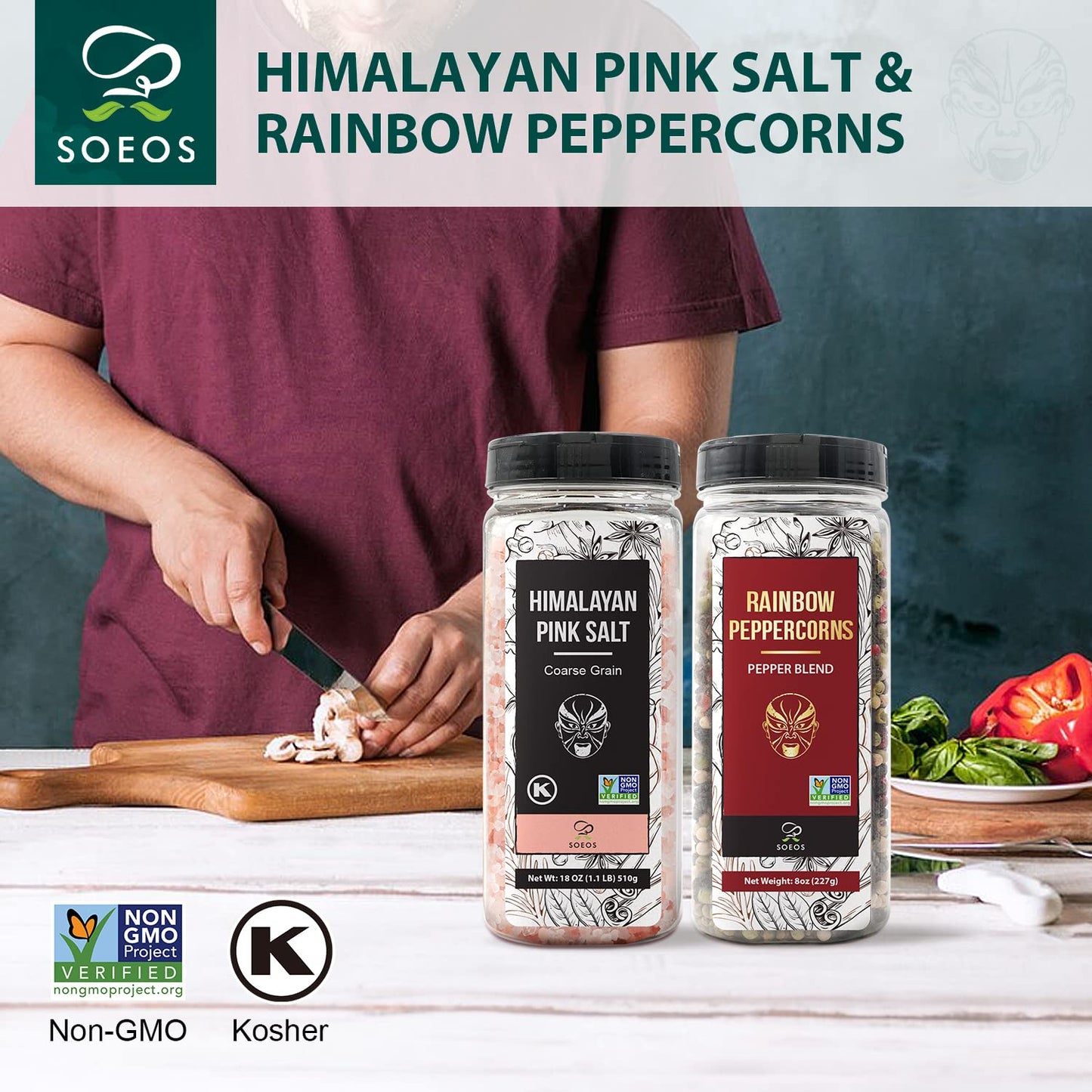 Soeos Himalayan Pink Salt And Rainbow Peppercorn Grinder Refills, 18Oz Salt & 8Oz Peppercorns, Kosher Seasoning Set For Cooking