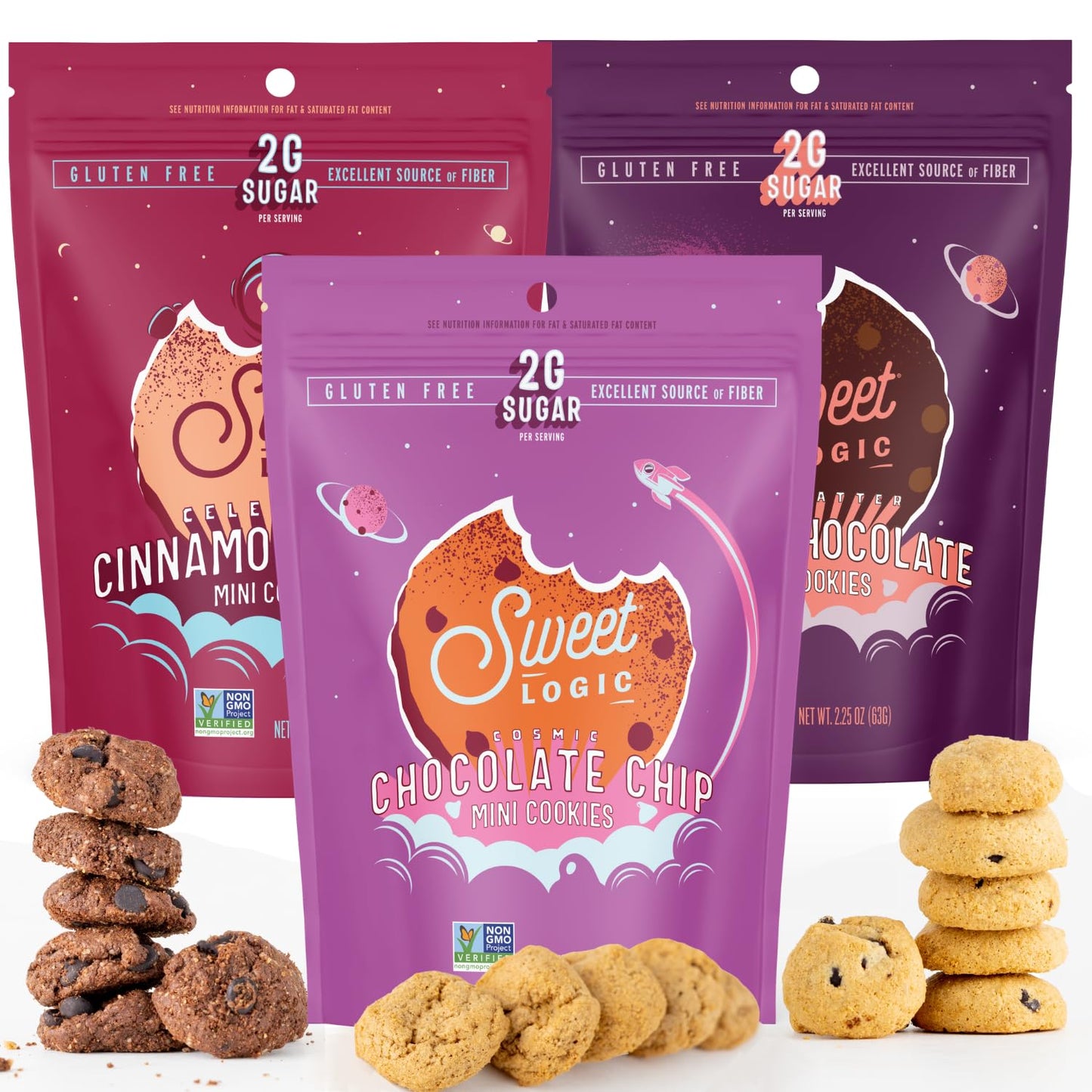 Sweet Logic Mini Cookies - Variety Pack - Double Chocolate Brownie, Cinnamon Churro Snickerdoodle, Chocolate Chip - Nut Free - Gluten Free - Keto - High Fiber - Non-Gmo - Low Carbs - Low Sugar (3-Pack)