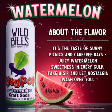 Wild Bills Watermelon Ring Pop Craft Soda - Pure Cane Sugar, Caffeine Free, Vegan, Gluten Free - 12 Oz Cans, 12 Pack