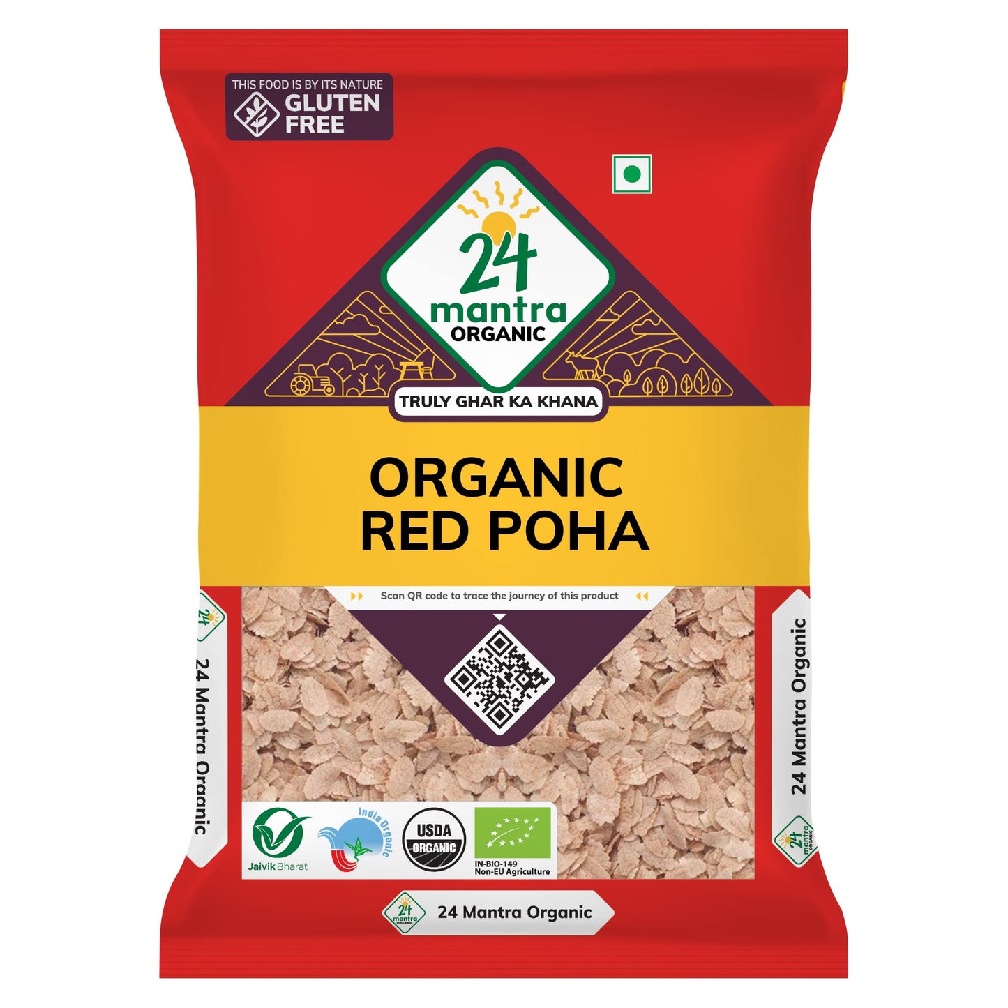 24 Mantra Organic Red Poha/Flattened Red Rice/Erra Atukula - 500gms | Organic | Chemical Free & | Pesticides Free | Easily Diges