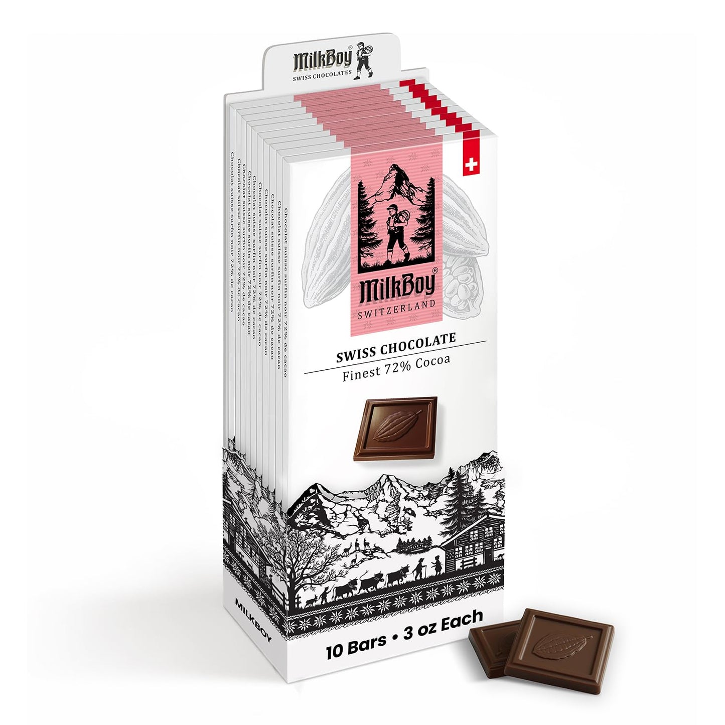 Milkboy Swiss Chocolates Dark Chocolates - 72% Cocoa Made In Switzerland Dairy Free Vegan Gluten-Free Non-Gmo Kosher Sustainably Farmed European Chocolate - 3 Oz Pack 10