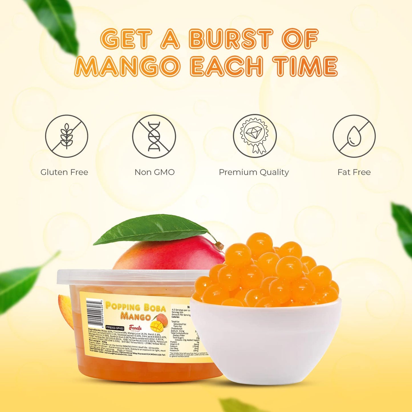 Fanale Popping Boba Pearls For Bubble Tea - 2 Lb (1 Lb X 2) | Mango | Bursting Boba Pearls Bubble 450G X 2 | Real Fruit Juice Fo