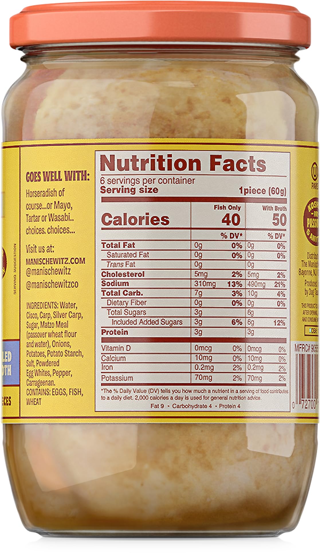 Manischewitz Sweet Gefilte Fish In Jelled Broth 24Oz (2 Pack), Packed With Protein, No Added Msg, Kosher For Passover