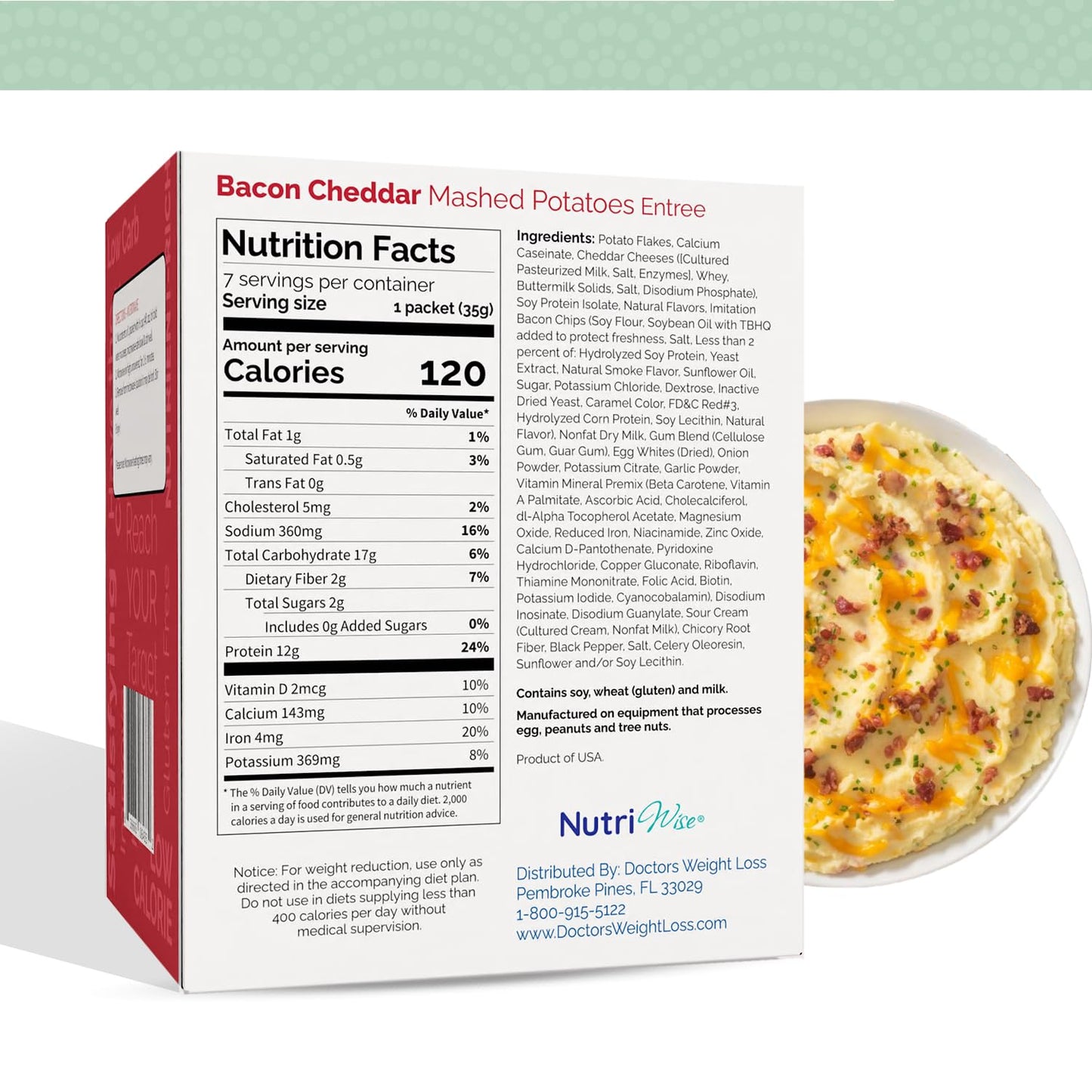 Nutriwise Bacon & Cheddar Mashed Potatoes Entree | High Protein, Low Sugar, Low Calorie, Low Carb | Aspartame & Sucralose Free |