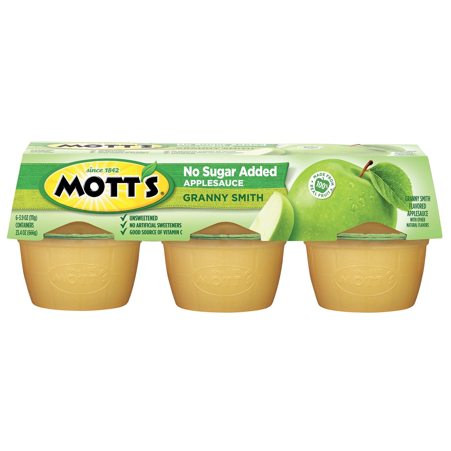 Mott s No Sugar Added Granny Smith Applesauce, 3.9 Oz Cups, 72 Count (12 Packs Of 6), Good Source Of Vitamin C, No Artificial F