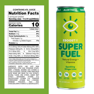 Eboost Super Fuel Healthy Energy Drink - Caffeine From Natural & Clean Ingredients For Focus And Productivity -Taurine Free Pre-Workout With Electrolytes, Nootropic & Vitamins - Ginger Lime, 12 Pack