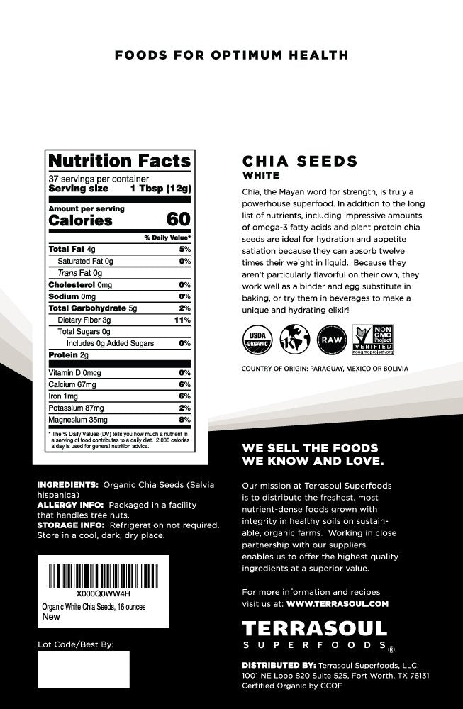 Terrasoul Superfoods Organic White Chia Seeds, 16 Oz - Omega Fats | Fiber | Plant Protein