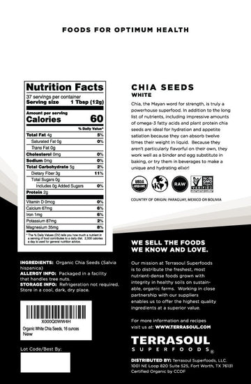 Terrasoul Superfoods Organic White Chia Seeds, 16 Oz - Omega Fats | Fiber | Plant Protein