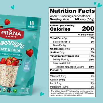 Prana Organic Overnight Chia with Oats Strawberry Shortcake | 28 oz Bags - 2 Pack | Rich in Fiber & Protein, Vegan, Non-GMO | Re