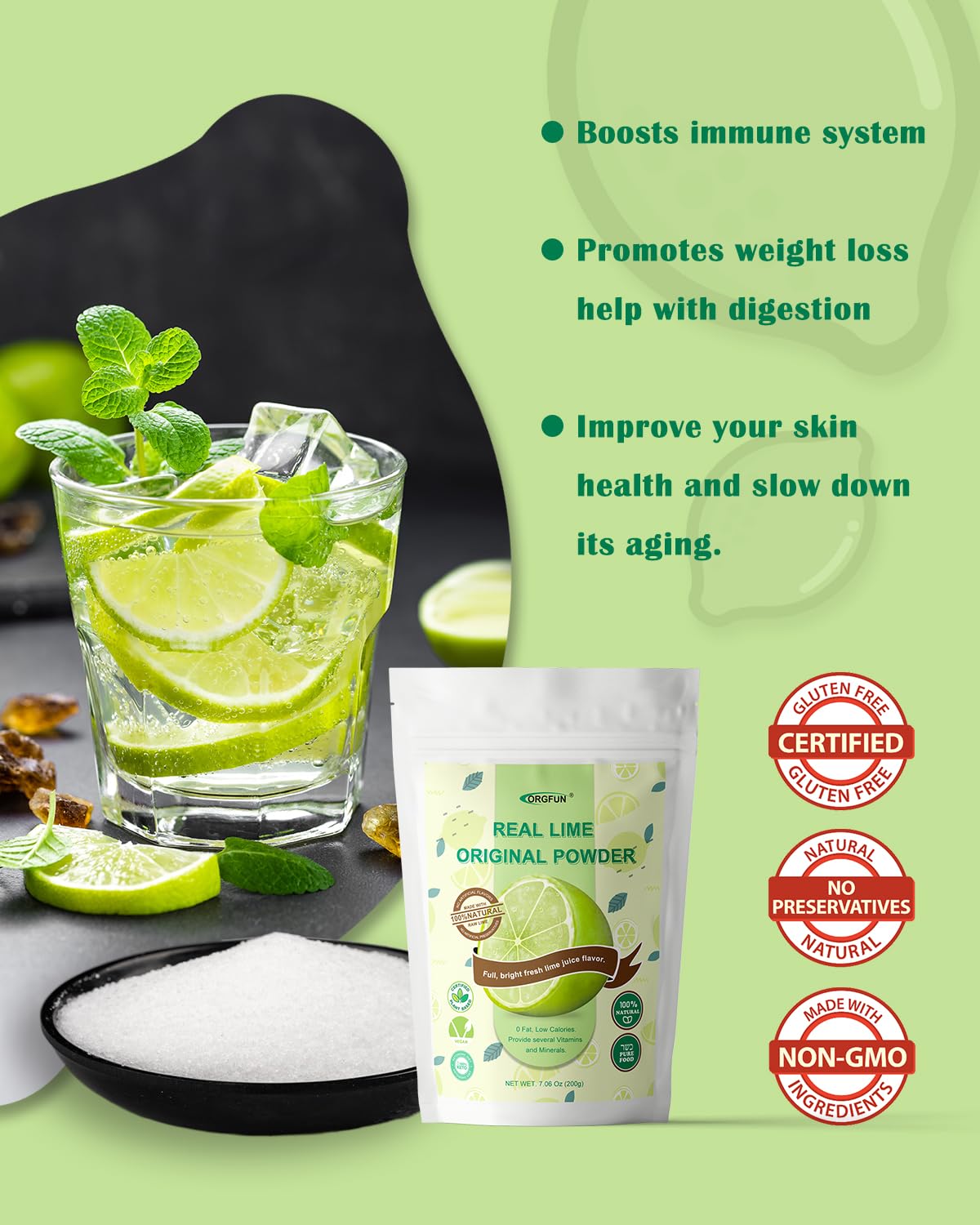 Orgfun Original Lime Powder, Whole Lime Juice Freeze Dried Powder, Fresh Squeezed Lime Juice Prefer For Cocktails, Drinks, Smoot