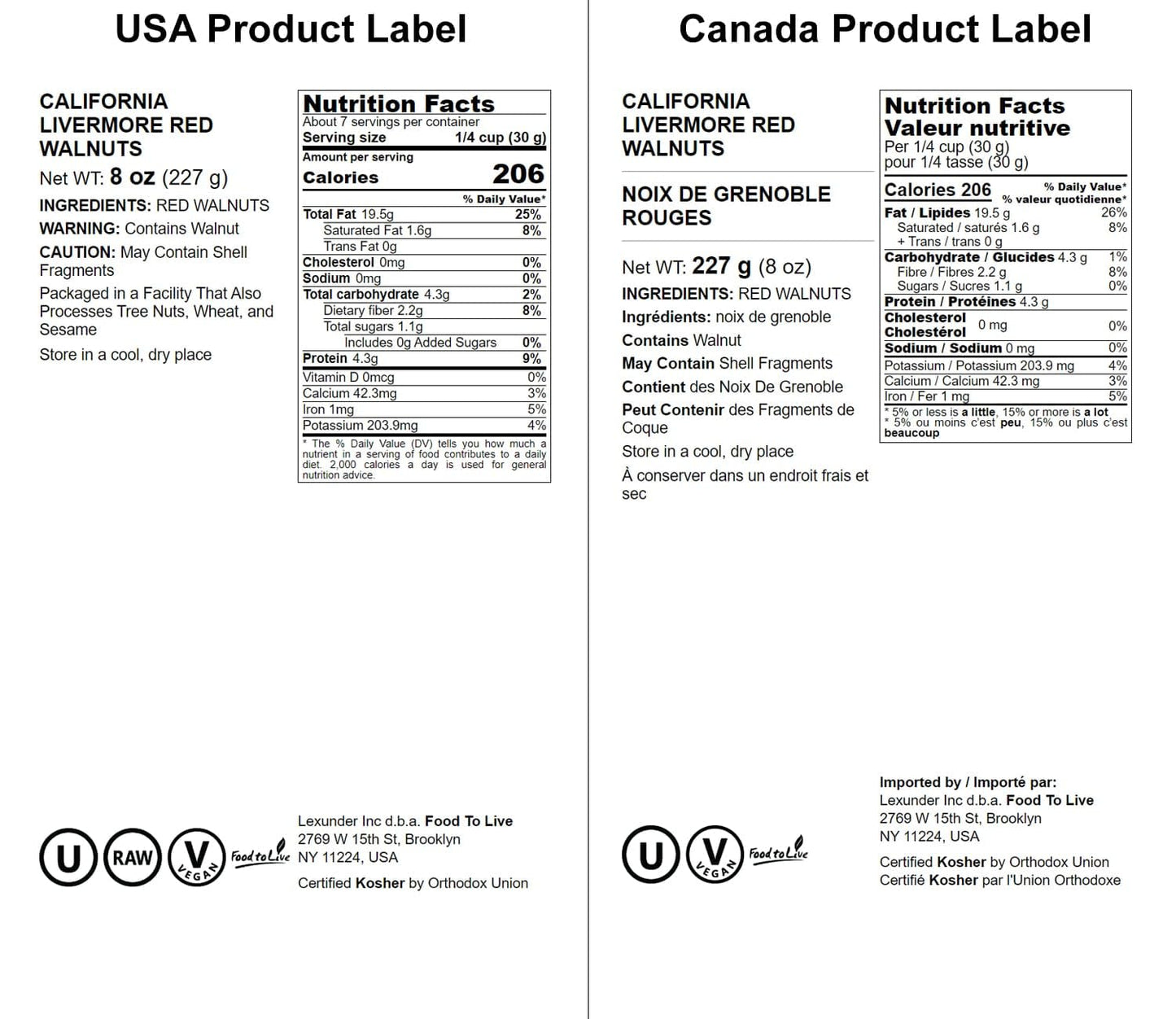 Food To Live - California Livermore Red Walnuts, 8 Ounces Raw, No Shell, Kosher, Unsalted, Natural, Sirtfood, Bulk