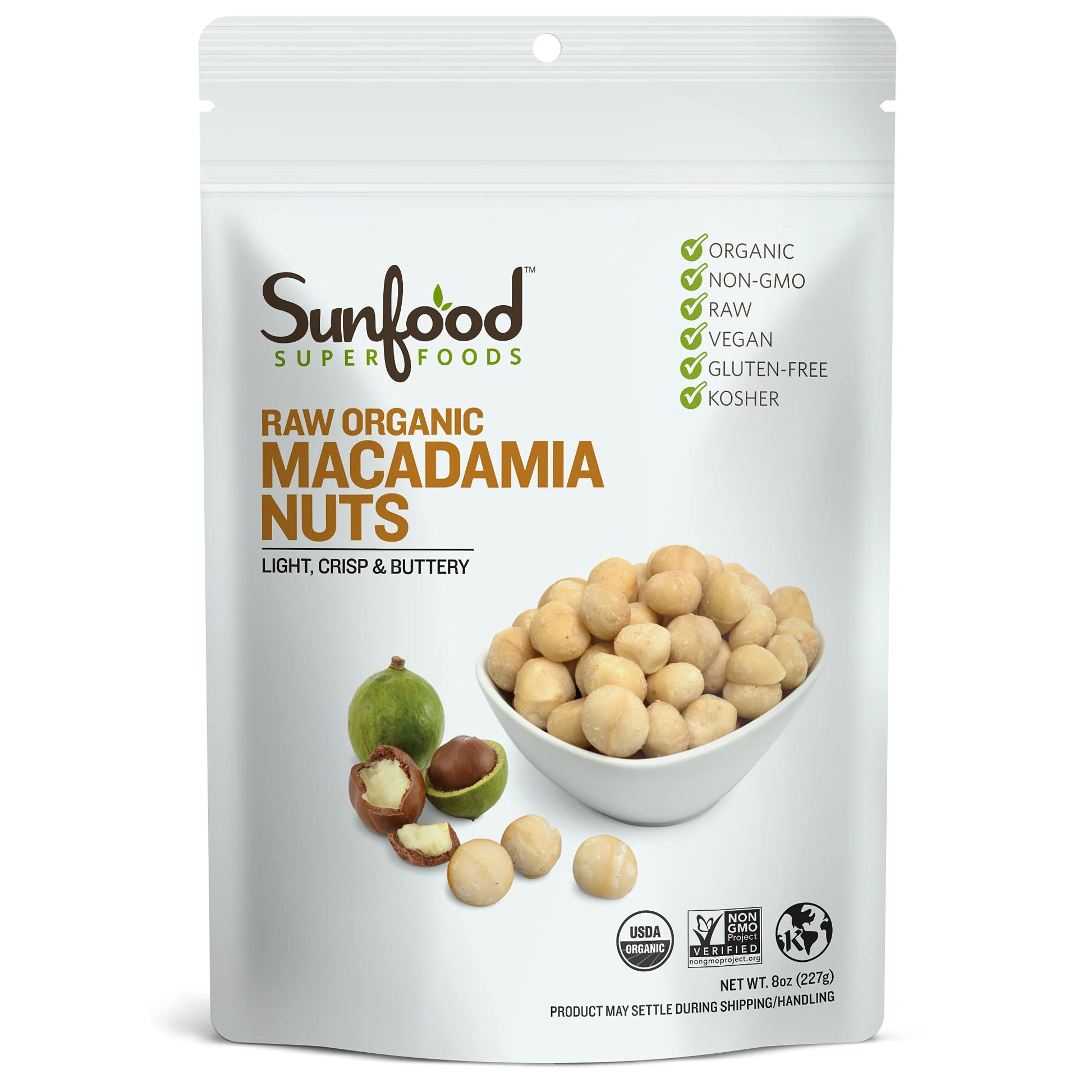 Sunfood Superfoods Organic Macadamia Nuts - Raw Macadamia Nuts Organic, Organic Macadamia Nuts Unsalted, For Macadamia Nut Milk, Baking, Trail Mix, Cheese, Usda Organic, Raw, Vegan, Non Gmo - 8 Oz Bag