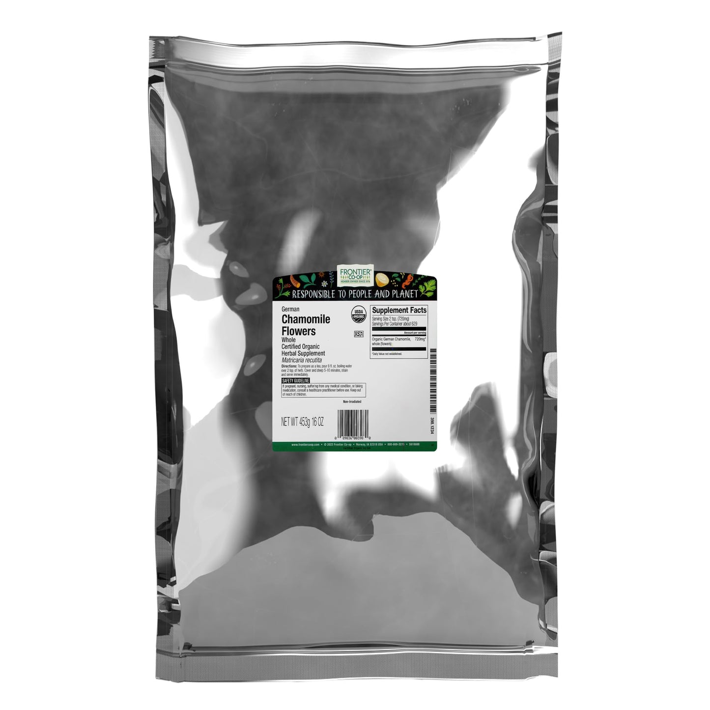 Frontier Co-Op Organic Whole Chamomile Flowers Kosher Bulk Herb - Dried Chamomile Flowers For Tea Natural Skincare Recipes And More | 16 Ounce (Pack Of 2)